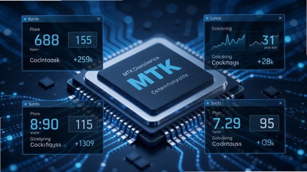 MTK软件功能展示图,画面中央为芯片微距特写,周围环绕着数据显示窗口,展示频率、核心数等参数,科技蓝为主色调,背景有流动的数据光线
