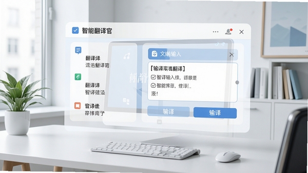 智能翻译官主界面截图,展示清晰的功能分区与翻译输入输出框,背景为简洁的现代办公桌面,整体色调清爽明亮