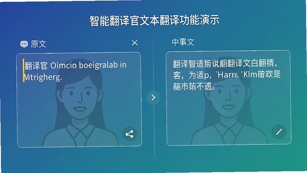 智能翻译官文本翻译功能演示,左侧输入框显示英文原文,右侧输出框显示中文译文,界面简洁,背景为纯色渐变,突出翻译对比效果