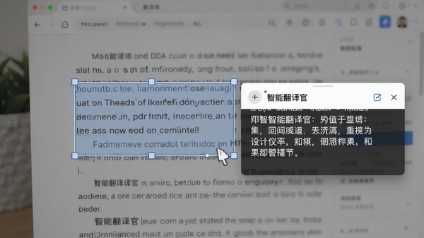智能翻译官截图翻译功能操作示意,鼠标框选屏幕中的英文段落,软件悬浮窗显示中文翻译,背景为网页阅读场景,色调自然柔和