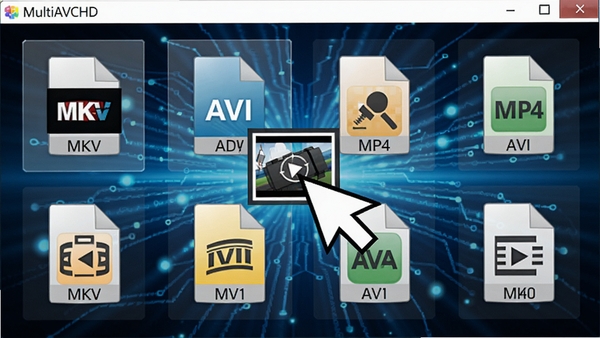 multiAVCHD视频导入界面,显示多种视频文件格式图标,如MKV、AVI、MP4,背景为蓝色科技光效,画面中央有视频文件拖拽动画