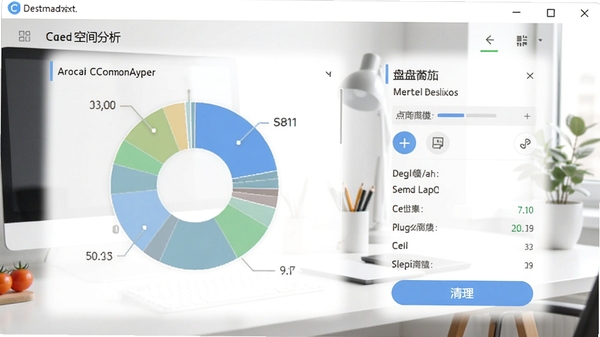 小番茄C盘清理软件主界面截图,展示磁盘空间分析饼图与清理按钮,界面风格简洁明亮,背景为现代办公桌面环境