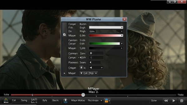 MPlayer WW编译版播放器显示字幕调整菜单,包含字体、颜色、位置等选项,背景为电影画面,下方有音轨选择列表,界面层次分明