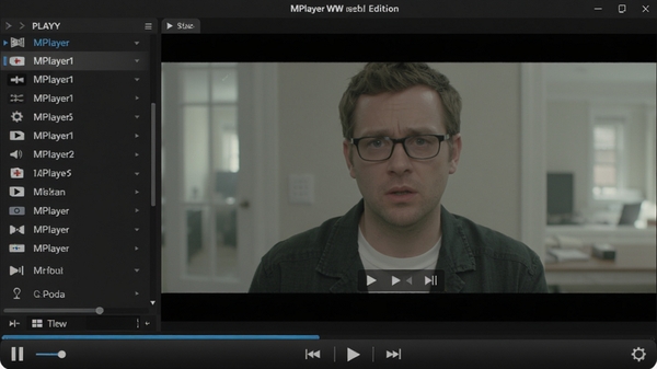 MPlayer WW编译版播放器主界面截图,深色背景,中间显示视频画面,底部为简洁控制栏,左侧为播放列表面板,整体界面干净专业,高清渲染