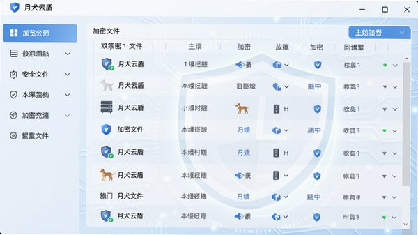 月犬云盾主界面预览图,展示软件整体布局,左侧功能导航栏,右侧加密文件列表,背景为淡蓝色科技风格,界面清晰简洁,突出安全防护主题