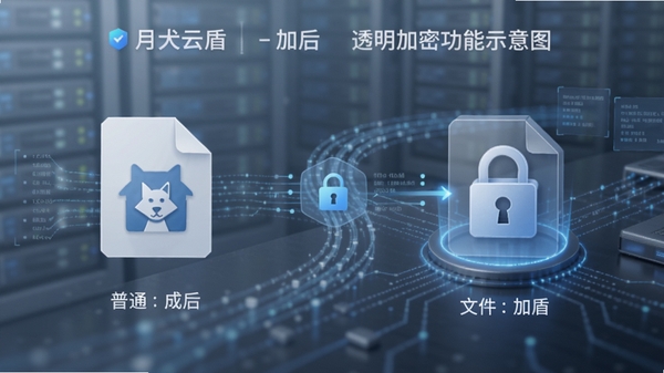 月犬云盾透明加密功能示意图,展示文件在加密前后状态对比,左侧为普通文件图标,右侧为带锁加密图标,背景为数据流动的科技感画面,色彩以蓝灰为主,体现加密过程的自动化与安全性