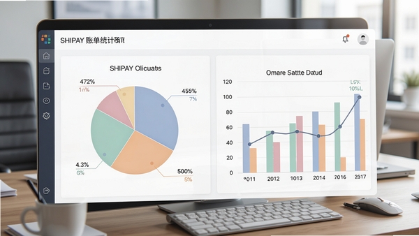 SHIPAY账单统计界面截图,展示饼状图与柱状图,分类清晰,颜色柔和,背景为商务办公桌面,体现专业财务管理功能