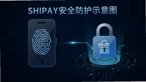 SHIPAY安全防护示意图,展示指纹解锁与加密锁图标,背景为深蓝色科技感线条,凸显金融级安全保障
