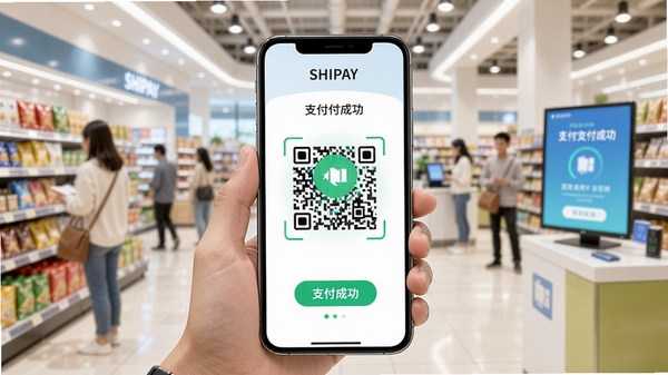 SHIPAY支付过程演示图,展示手机扫码支付瞬间,屏幕上显示支付成功动画,背景为明亮的商超环境,突出快速便捷的支付场景