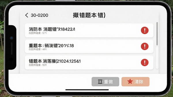 消防题考拉错题本界面,以列表形式展示错题,每条错题右侧有红色感叹号标识,底部提供重做和清除按钮,背景为简约白色卡片风格,整体视觉整洁