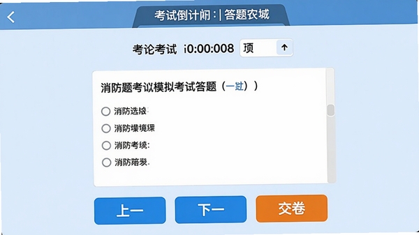 消防题考拉模拟考试答题界面,顶部显示考试倒计时与答题卡,中央为单选题界面,底部有上一题、下一题和交卷按钮,整体风格清爽,模拟真实考试环境,背景色为淡蓝色,按钮醒目