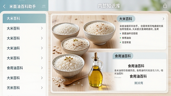 展示米面油百科助手APP内部知识库的截图风格画面,左侧是分类列表,右侧是详细图文介绍。画面需有“大米百科”和“食用油百科”字样,背景是浅色木纹桌面,摆放着几碗不同种类的米和一小瓶油,风格干净整洁,信息展示清晰,体现专业感。