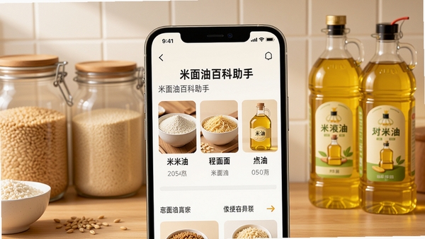 画面主体为一部智能手机屏幕占据视觉中心,屏幕上清晰显示米面油百科助手的应用界面,界面内有米、面、油等食材的图片和文字介绍。背景区域采用暖色调的厨房场景,有装满谷物的透明罐子和瓶装食用油作为装饰,整体风格写实、明亮、清晰,突出生活化和知识感。