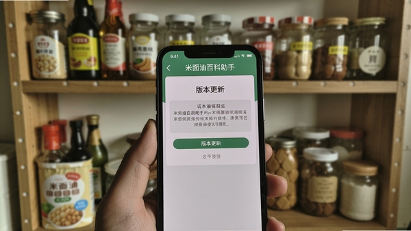 一张展示米面油百科助手APP在手机上运行的实拍图,手机屏幕中显示“版本更新”界面,背景为模糊的厨房置物架,上面摆满瓶瓶罐罐,照片风格生活化,光线柔和,重点突出手机屏幕上的软件界面。