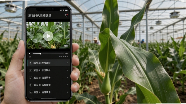 新农时代农技课堂功能预览图,画面左侧为智能手机展示病虫害防治教学视频,右侧为玉米叶片特写,背景是现代化农业大棚,视频播放界面有播放按钮和章节列表,整体风格清晰专业