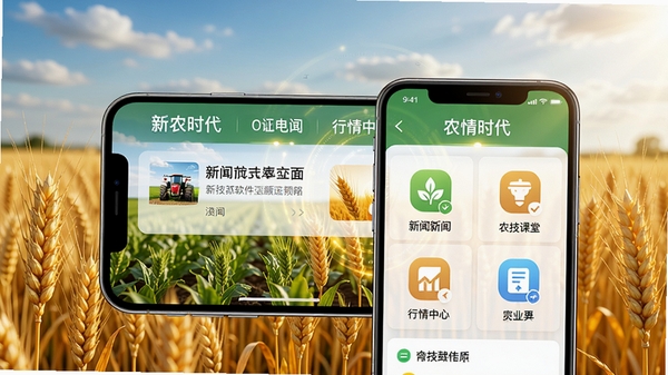 新农时代软件主界面预览图,画面中央展示农田与智能手机叠加的创意视觉,背景为金色麦田与蓝天,前景手机屏幕清晰显示软件界面,包含新闻资讯、农技课堂、行情中心等模块图标,整体色调温暖明亮,风格写实,突出农业科技融合主题