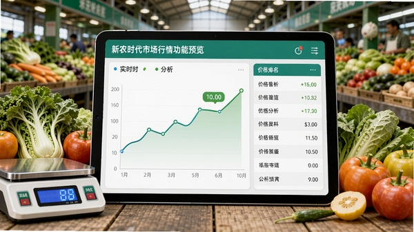 新农时代市场行情功能预览图,平板电脑界面显示折线图与价格排名列表,周围环绕新鲜蔬果和电子秤元素,背景为农产品批发市场场景,数据可视化风格,色调清新,突出实时性与对比分析功能
