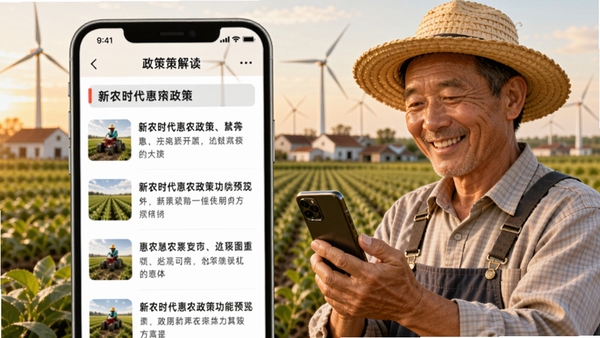 新农时代惠农政策功能预览图,画面为手机屏幕展示政策解读文章列表,背景是农民在田间查看手机笑容满面,远处有村庄和风力发电机,色调温暖,突出政策惠农的喜悦氛围