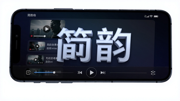 简韵免费看播放器主界面预览图,手机屏幕显示简洁的视频列表,背景为深色渐变,画面主体突出播放器名称,整体风格现代科技感,采用3D渲染,高清画质