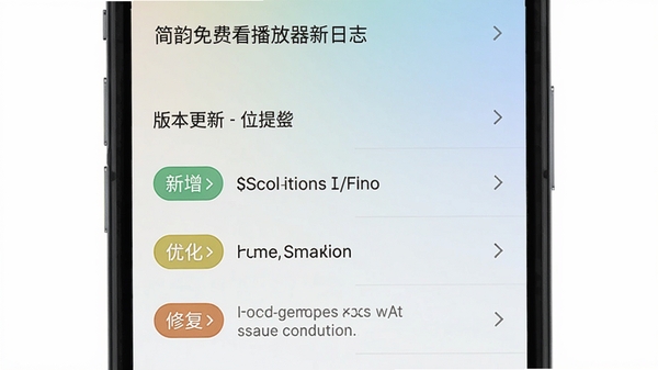 简韵免费看播放器更新日志界面,手机屏幕显示版本更新说明列表,带有新增、优化、修复等标识,背景为浅色渐变,画面整洁,突出文字内容,现代扁平化设计风格