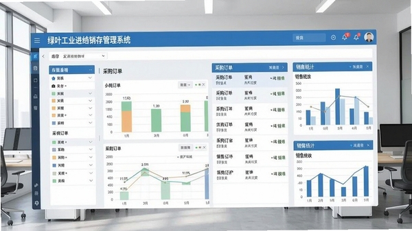 绿叶工业进销存管理系统主界面截图,展示清晰的库存看板、采购订单列表和销售统计图表,背景为整洁的现代化办公室环境,整体色调以蓝白为主,界面布局直观专业