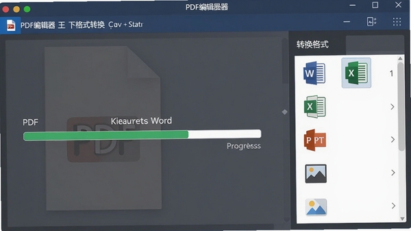 PDF编辑器王格式转换功能界面,显示PDF文件正在转换为Word文档的进度条,右侧有转换格式选项列表,包含Word、Excel、PPT、图片等图标,界面设计直观,转换状态一目了然,现代软件界面风格