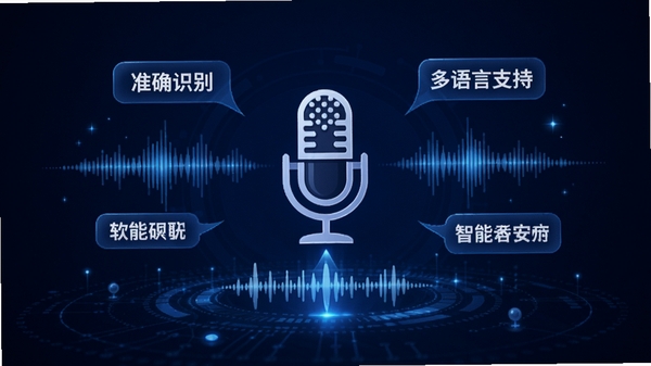 录音转文字工厂软件功能展示图,画面中央是一个麦克风图标连接着波形图,旁边悬浮着“准确识别”、“多语言支持”等字样,背景为深蓝色科技感渐变,突出AI智能识别的核心特点