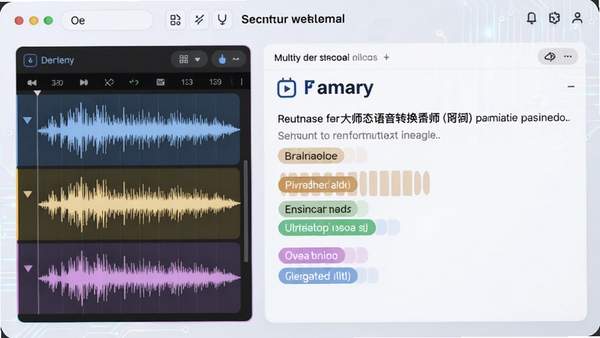 文字语音转换大师语音识别转写功能界面,显示音频波形与实时文本转换结果,多段不同颜色标注说话人,背景为浅色科技感界面,左侧音频轨道,右侧文字区域,风格简洁明亮