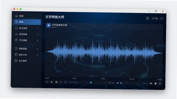 文字语音转换大师主界面预览图,一款现代简洁的电脑桌面软件,左侧功能列表清晰,中央波形图显示音频处理状态,背景为深蓝色科技感渐变,界面元素精致,整体风格专业大气
