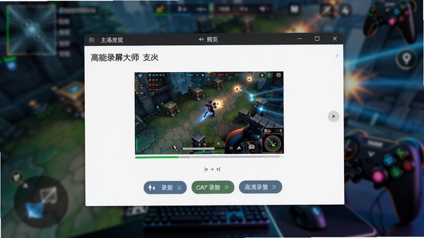 高能录屏大师主界面预览图,展示其简洁布局与高清录制选项,背景为动态模糊的游戏画面,整体风格科技感十足,画面主体突出软件窗口,背景虚化处理,营造专业录屏氛围