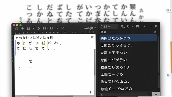 展示谷歌日语输入法在文档编辑软件中快速将罗马字转换为平假名和汉字的过程,画面左侧为输入框,右侧为候选词列表,背景为模糊的日文文档,风格写实清晰