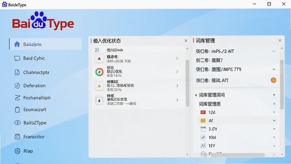 展示BaiduType主界面的高清截图,界面布局清晰,左侧为功能选项列表,右侧展示输入法优化状态和词库管理面板,背景为干净的浅蓝色渐变,整体风格现代简洁,软件名称BaiduType标识醒目地显示在界面左上角