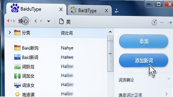 高清特写BaiduType的词库管理界面,在电脑屏幕上显示着分类清晰的词汇列表,右侧有添加和导入词汇的按钮,鼠标光标正悬停在“添加新词”按钮上,画面色调明亮,细节丰富,软件名称BaiduType在界面顶部标签栏上清晰可见