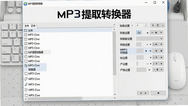 MP3提取转换器软件主界面预览图,展示简洁的窗口布局,左侧为文件列表,右侧为转换设置面板,背景为浅灰色工作台,整体风格清爽明了,突出软件名称“MP3提取转换器”的标识。