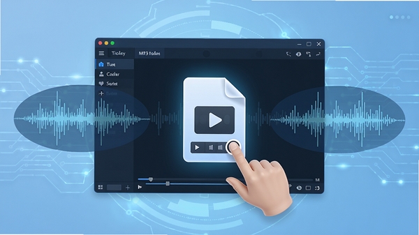 MP3提取转换器功能展示图,画面中央显示一个视频文件正在被拖入软件窗口,周围有音频波形图元素,背景为浅蓝色科技感界面,突出提取音轨的快捷与高效。