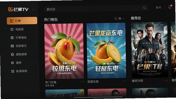 芒果TV电脑版主界面预览图,深色背景,左侧清晰分类导航栏,中间展示热门综艺封面,右侧推荐电影海报,整体风格现代简洁,突出视频平台的丰富内容