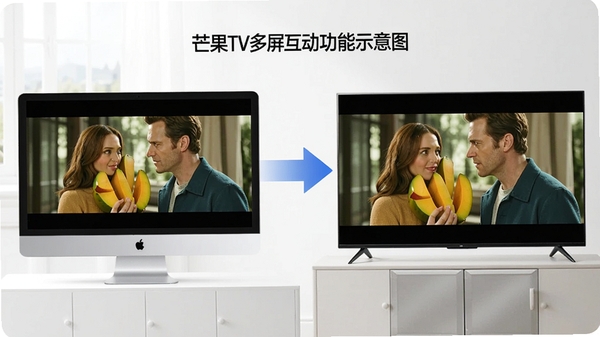 芒果TV多屏互动功能示意图,电脑屏幕与电视屏幕同时显示同一部电影画面,中间有箭头连接,体现无缝衔接的观看体验