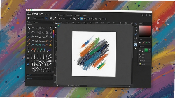 Corel Painter 数字绘画软件主界面预览图,展示其仿自然画笔工具面板与画布工作区。画面主体为软件界面,背景区域为色彩斑斓的抽象数字绘画笔触,整体风格专业且富有艺术感。