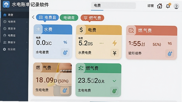 水电账单记录软件账单分类管理功能截图,展示水费、电费、燃气费等多个分类标签,界面采用卡片式布局,色彩区分明显,数据清晰可读。