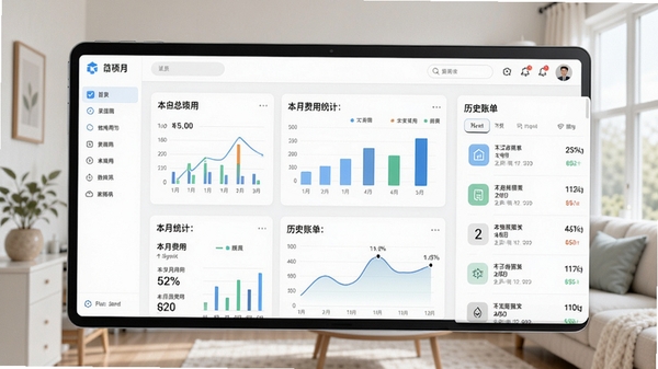 水电账单记录软件主界面预览图,展示首页总览、本月费用统计、历史账单列表,背景为简约家居风格,色调清新明亮,突出数据可视化图表。