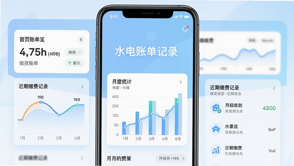 水电账单记录软件主界面预览图,展示首页账单总览卡片与近期缴费记录列表,背景为浅蓝色渐变,中心突出软件名称与月度统计图表,整体风格简洁明亮,适配手机竖屏展示