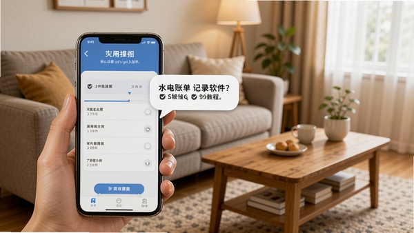 水电账单记录软件使用教程场景图,手机屏幕显示操作步骤提示气泡,背景为家庭客厅一角,有沙发和茶几,整体氛围温馨,强调用户友好性