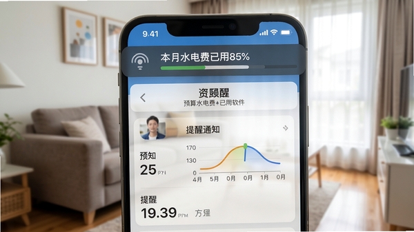 水电账单记录软件预算提醒通知栏截图,手机状态栏显示“本月水电费已用85%”的横幅通知,背景为模糊的客厅环境,强调智能提醒的实用性