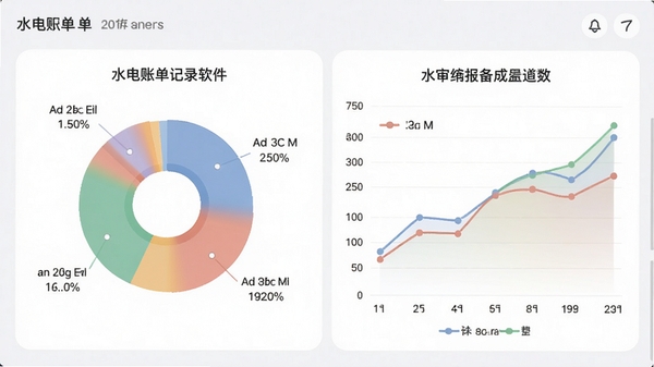 水电账单记录软件统计报表界面预览,展示饼图与折线图组合,色彩鲜艳但柔和,背景为浅灰色,图表标注清晰,强调数据可视化效果