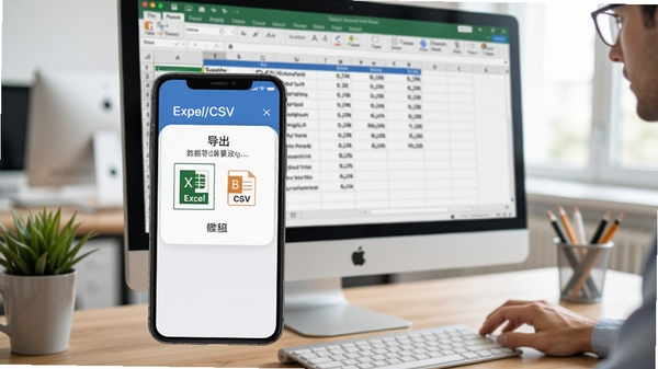 水电账单记录软件数据导出功能示意图,手机屏幕显示导出格式选择菜单(Excel/CSV),背景为电脑屏幕上的表格数据,强调办公协作场景