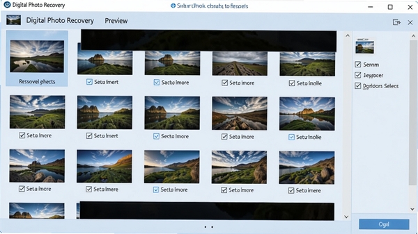 Digital Photo Recovery恢复照片预览界面,屏幕显示多张风景照片缩略图,用户可以勾选需要恢复的文件,界面简洁明亮,背景为浅蓝色,强调软件预览与选择功能