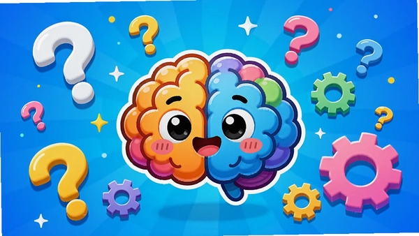 脑洞大开游戏主界面预览图,画面中央是一个色彩鲜艳的卡通大脑形象,周围漂浮着各种问号和齿轮元素,背景是充满活力的渐变蓝色,整体风格Q萌有趣,适配手机竖屏显示