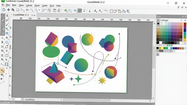 CorelDRAW 21.2软件启动界面,展示矢量绘图工作区,左侧工具栏,右侧颜色面板,中央画布上有彩色几何图形和流畅曲线,界面清爽明亮,背景为浅灰色专业工作环境