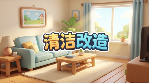 游戏主界面展示,一个整洁明亮的客厅,沙发、茶几、地毯一尘不染,阳光透过窗户洒进来,画面中央显示“清洁改造”游戏logo,整体风格清新卡通,色彩柔和,细节丰富,适合Boogu模型生成。