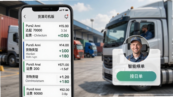 货滴司机版智能抢单功能演示,手机屏幕上显示多条货源订单列表,每条订单包含起终点、货物类型、运费金额,界面布局清晰,旁边有货车司机头像和接单按钮,背景为模糊的货运场站,画风写实